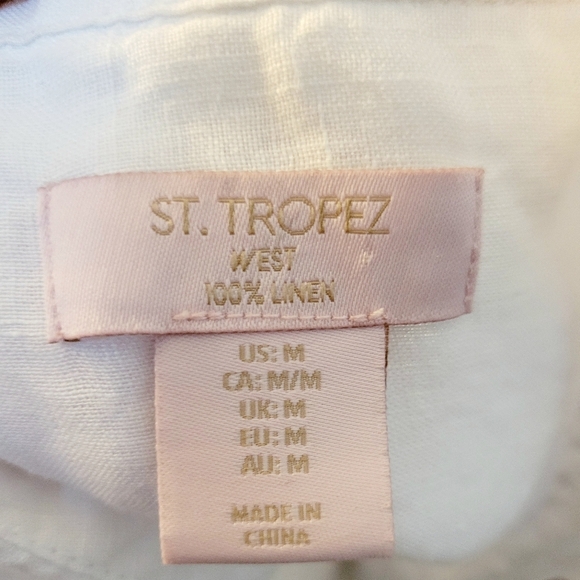 St. Tropez West Women’s 100% Linen White Tunic Top Size M 3/4 Sleeve Button Deta - Picture 9 of 10